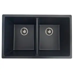 Black double-basin kitchen sink with a divider and two circular drains visible in each basin