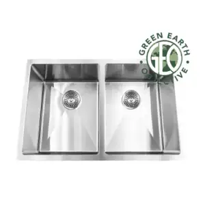 Double-basin stainless steel kitchen sink with two drains; Green Earth Objective watermark in the top-right corner.