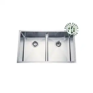 Double-basin stainless steel kitchen sink with a center divider and brushed finish; Green Earth Eco logo in the top-right corner.
